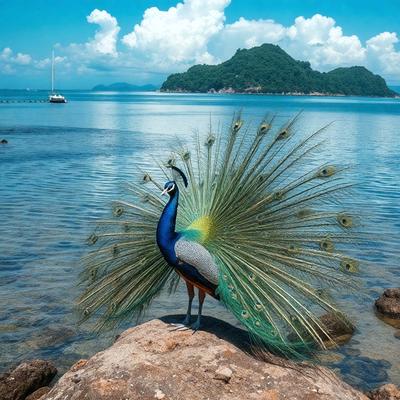 The primary subject of the image is a peacock standing on a rock near a body of water. The peacock is spreading its feathers, showcasing its vibrant colors and unique pattern. The setting includes a body of water, possibly a lake, and a boat visible in the background. The visual style of the image is a photo, capturing the beauty of the peacock and its surroundings. The colors and mood of the image are lively and serene, with the peacock'